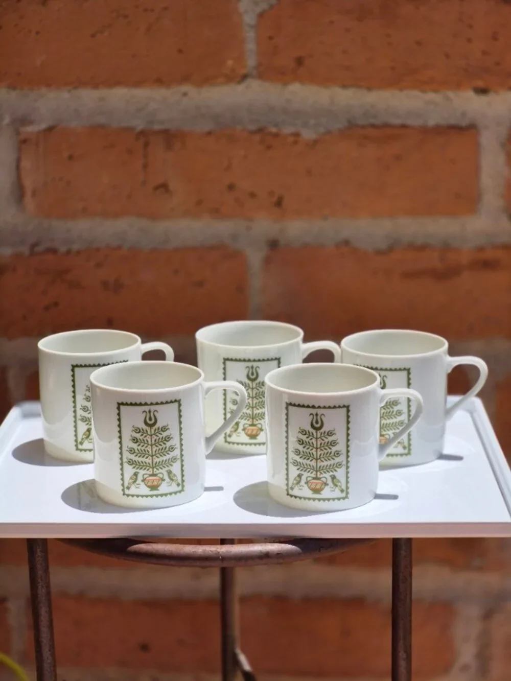 MCM Matte By Summit Coffee Set 5 Mugs, Sugar & Creamer w Lid Avacado Green Birds